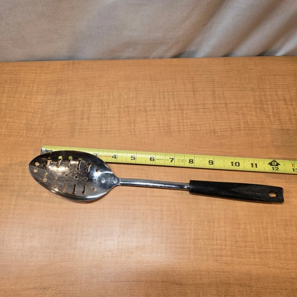 Vintage EKCO USA Chrome Plated Slotted Spoon‎ Black Plastic Handle